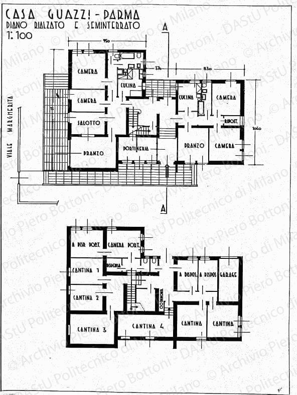 Casa Guazzi, Parma, pianta piano rialzato e seminterrato, scala 1:100, s.d. China su lucido, cm 48,2x35,6. 