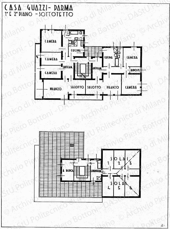 Casa Guazzi, Parma, pianta 1 e 2 piano, sottotetto, scala 1:100, s.d. China su lucido, cm 48,3x36,0. 