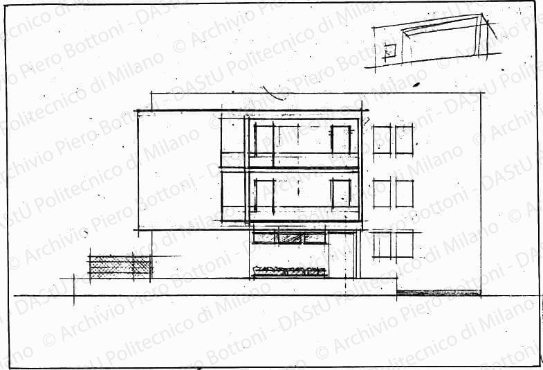 Prospetto ovest, scala 1:100, s.d. Matita su lucido, cm 25,2x37,3. 