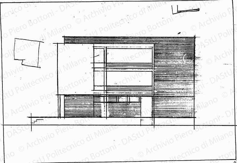 Prospetto ovest, scala 1:100, s.d. Matita su lucido, cm 26,5x37,2. 
