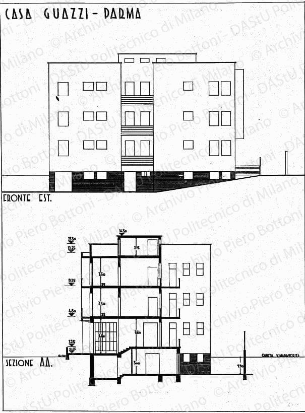 Casa Guazzi, Parma, fronte est, sezione AA, scala 1:100, s.d. China su lucido, cm 49,2x37,2.