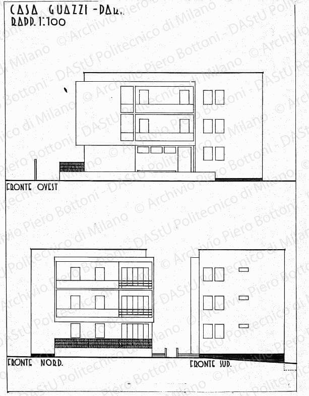 Casa Guazzi, Parma, fronte ovest, fronte nord, fronte sud, scala 1:100, s.d. China su lucido, cm 47,2x35,8. 