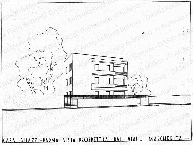 Casa Guazzi, Parma, vista prospettica da viale Margherita, s.d. China su lucido, cm 39,4x52,0.
