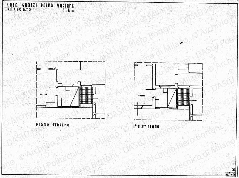 Casa Guazzi, Parma, variante, stralci di pianta del piano terreno e del 1 e 2 piano, scala 1:50,15 ottobre 1937. China su lucido, cm 37,6x50,5. 