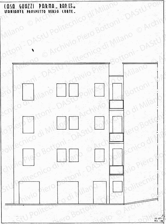 Casa Guazzi, Parma, variante, prospetto verso corte, scala 1:50, 15 ottobre 1937. China su lucido, cm 49,4x36,6. 