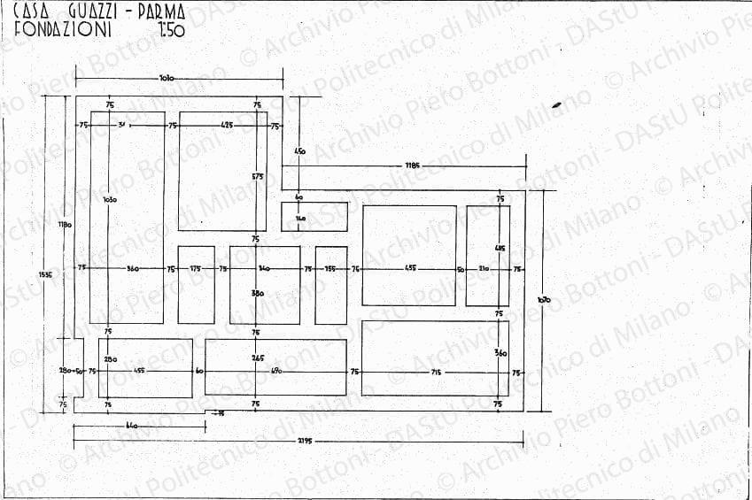 Casa Guazzi, Parma, pianta fondazioni, scala 1:50, s.d. China su lucido, cm 48,2x73,0. 