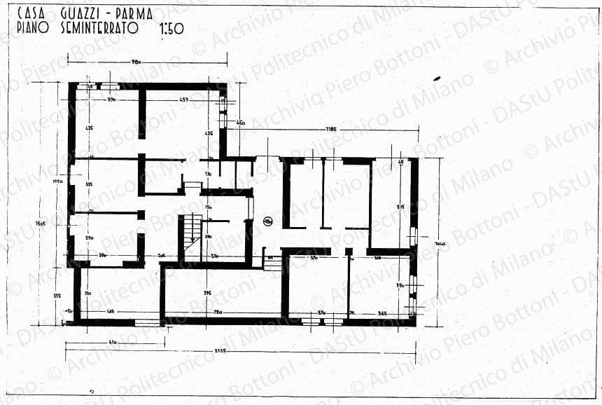 Casa Guazzi, Parma, pianta piano seminterrato, scala 1:50, s.d. China su lucido, cm 48,0x73,0.