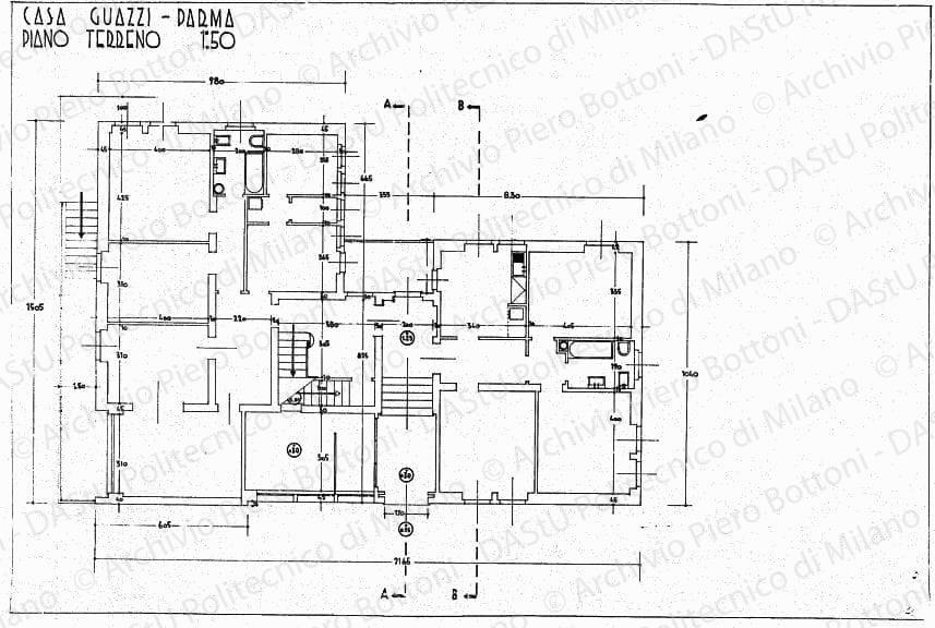 Casa Guazzi, Parma, pianta piano terreno, scala 1:50, s.d. China su lucido, cm 48,5x73,0.