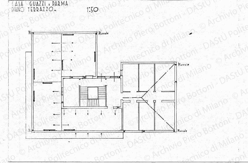 Casa Guazzi, Parma, pianta piano terrazzo, scala 1:50, s.d. China su lucido, cm 48,5x72,7.