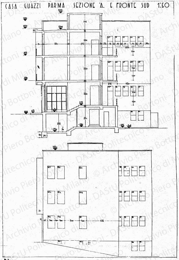Casa Guazzi, Parma, sezione A e fronte sud, scala 1:50, s.d. China su lucido, cm 72,0x49,0.