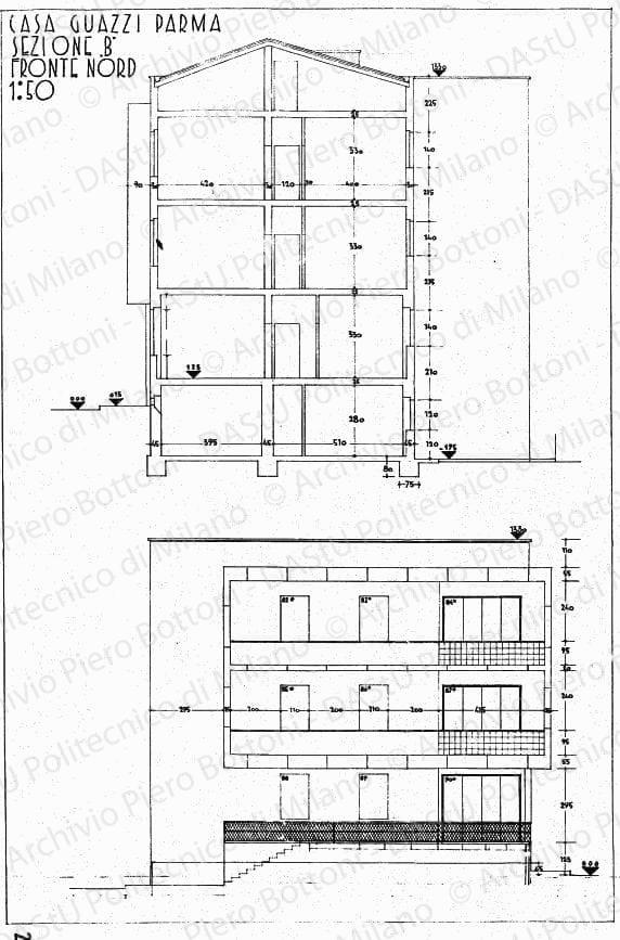 Casa Guazzi, Parma, sezione B e fronte nord, scala 1:50, s.d. China su lucido, cm 73,0x48,2.