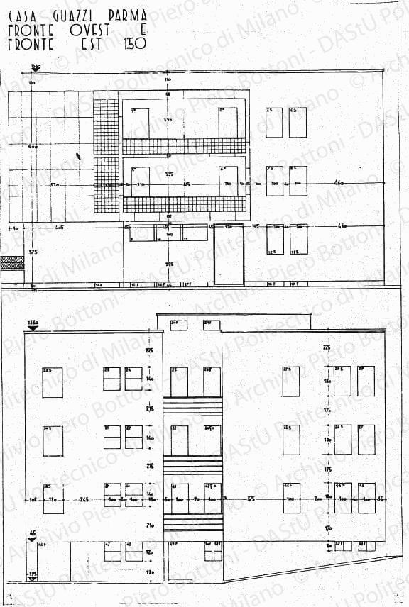 Casa Guazzi, Parma, fronte ovest e fronte est, scala 1:50, s.d. China su lucido, cm 72,4x48,0.