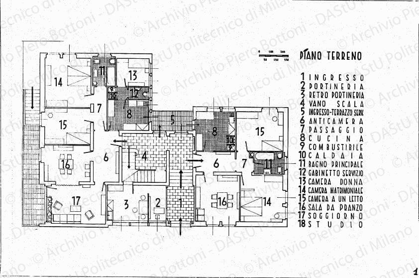 Pianta piano terreno con arredo, scala 1:50, s.d. China su lucido, cm 47,8x72,6. 