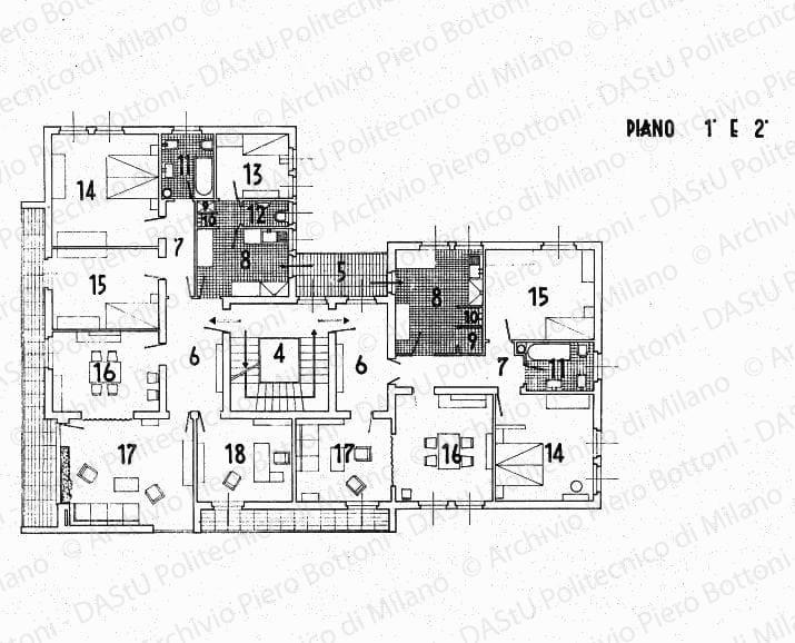 Pianta piano 1 e 2 con arredo, scala 1:50, s.d. China su lucido, cm 46,8x68,3. 