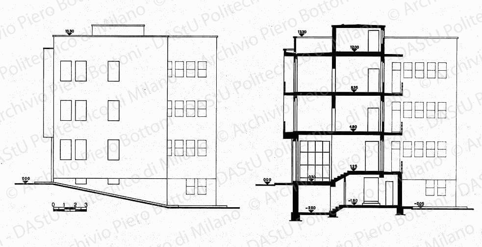 Sezione e prospetto sud, scala 1:50, s.d. China su lucido, cm 46,2x87,3. 