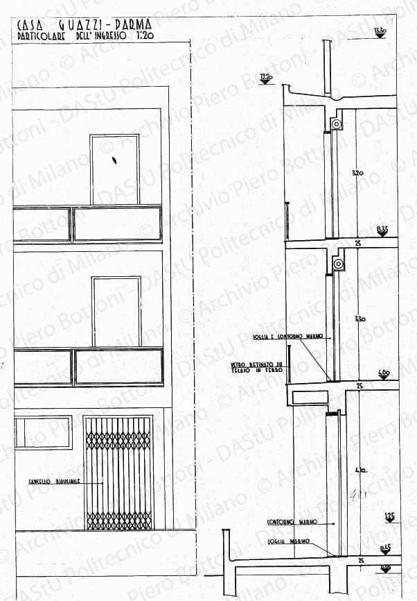 Casa Guazzi, Parma, particolare dell'ingresso, scala 1:20, s.d. China e matita su lucido, cm 72,5x48,0. 