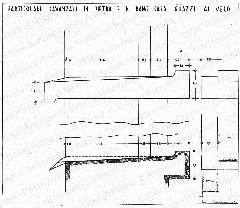 Casa Guazzi, Parma, particolare davanzali in pietra e in rame, scala 1:1, s.d. China su lucido, cm 42,5x49,0. 