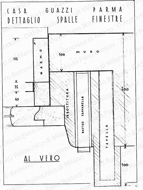Casa Guazzi, Parma, dettaglio spalle finestre, scala 1:1, s.d. Matita e china su lucido, cm 50,0x36,3. 