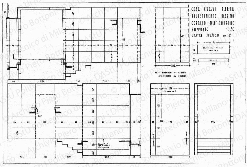 Casa Guazzi, Parma, rivestimento marmo corallo dell'androne, scala 1:20, s.d. China su lucido, cm 48,2x72,7. 