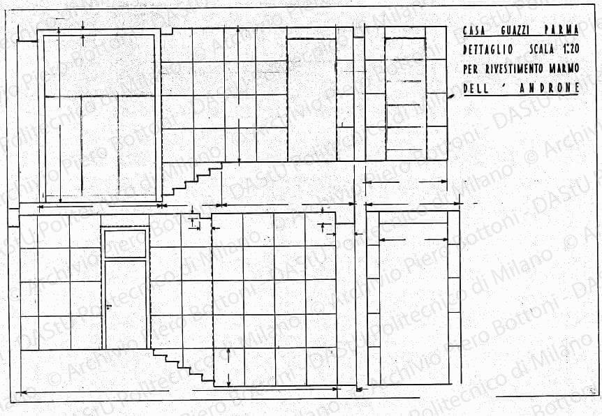 Casa Guazzi, Parma, dettaglio per rivestimento marmo dell'androne, scala 1:20, s.d. China su lucido, cm 48,3x73,4. 