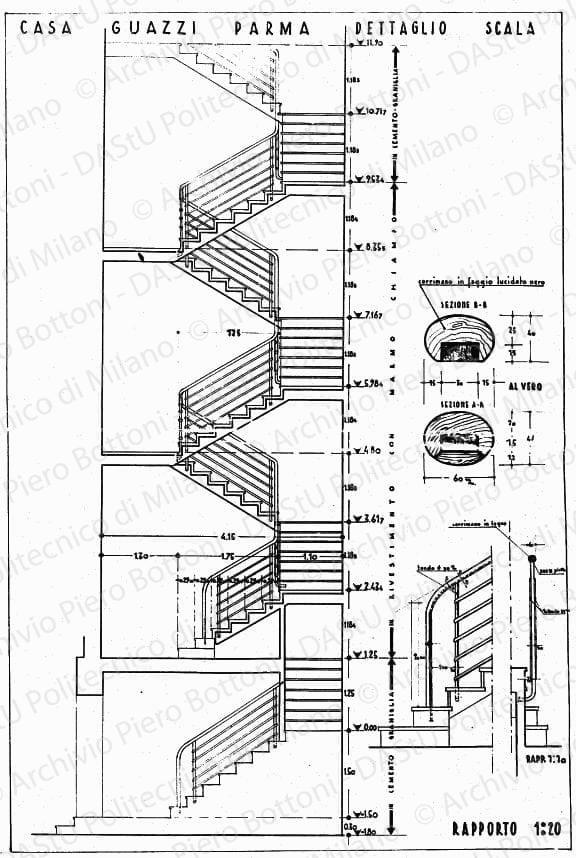 Casa Guazzi, Parma, dettaglio scala, scala 1:1, 1:10, 1:20, s.d. China e matita su lucido, cm 73,0x49,0. 
