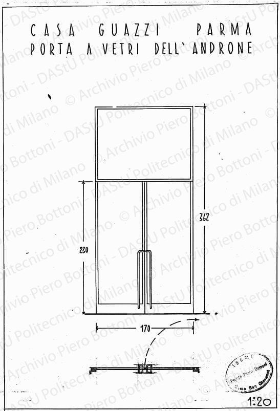 Casa Guazzi, Parma, porta a vetri dell'androne, scala 1:20, s.d. China su lucido, cm 37,5x27,0.