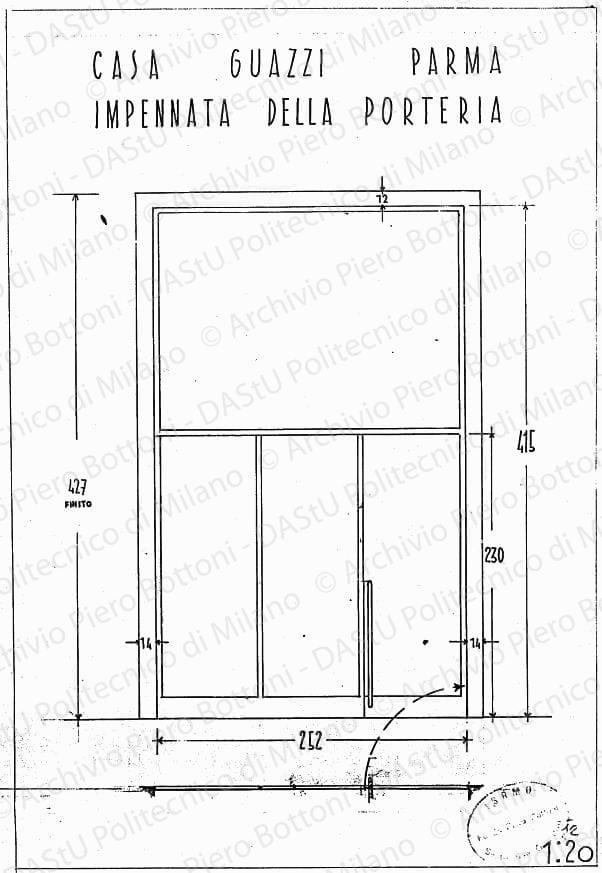 Casa Guazzi, Parma, impennata della portineria, scala 1:20, s.d. China su lucido, cm 36,0x25,5.