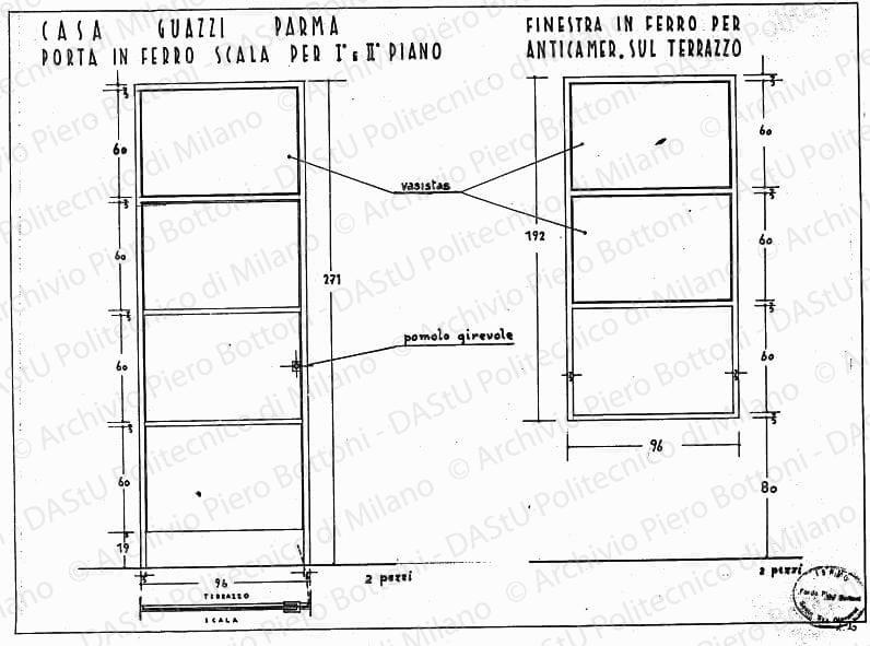 Casa Guazzi, Parma, porta in ferro scala per I e II piano, finestra in ferro per anticamera sul terrazzo, scala 1:10, s.d. China su lucido, cm 39,0x51,0. 