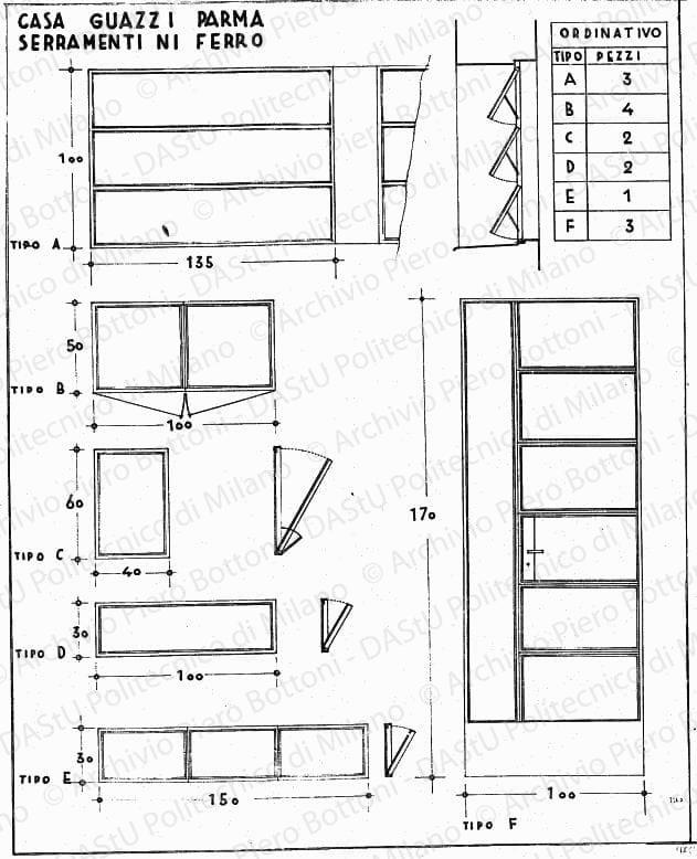 Casa Guazzi, Parma, serramenti in ferro, scala 1:10, s.d. China su lucido, cm 48,5x38,9. 