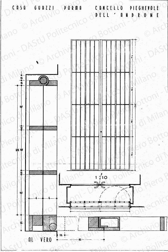 Casa Guazzi, Parma, cancello pieghevole dell'androne, scala 1:1, 1:10, s.d. China su lucido, cm 74,7x49,4. 