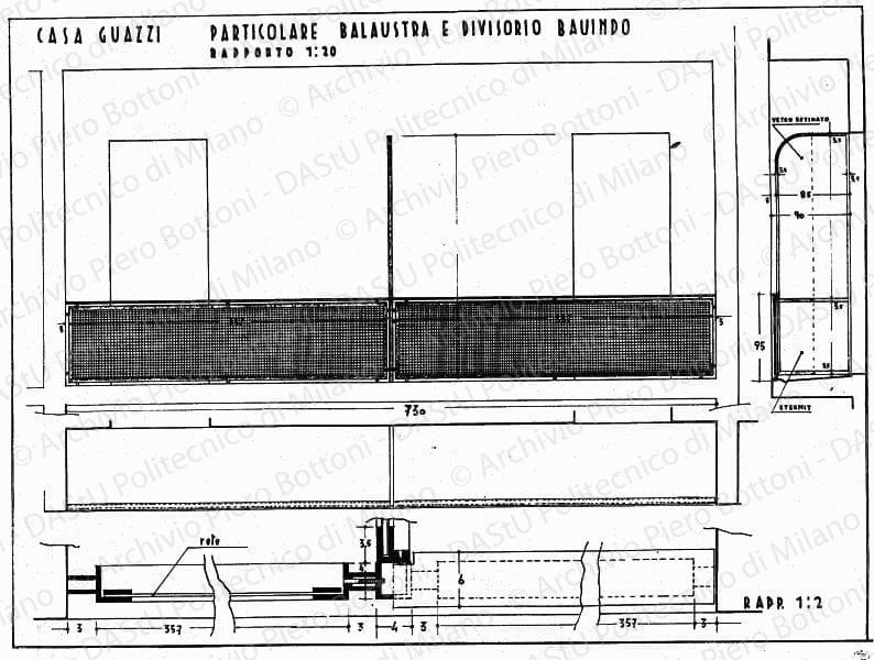 Casa Guazzi, Parma, particolare balaustra e divisorio bauindo, scala 1:2, 1:20, s.d. China e matita su lucido, cm 38,2x50,4. 