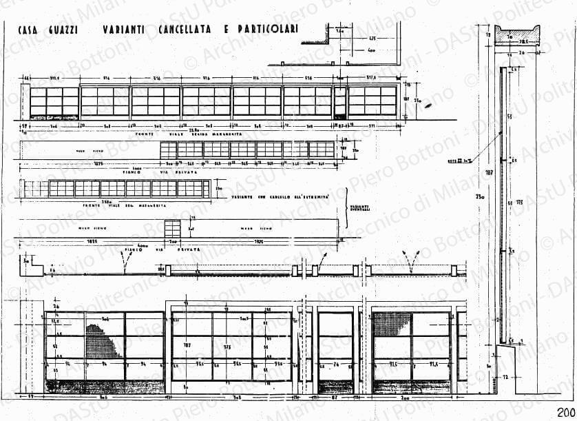 Casa Guazzi, Parma, variante cancellata e particolari, scala 1:20, 1:100, s.d. China e matita su lucido, cm 47,8x73,0. 