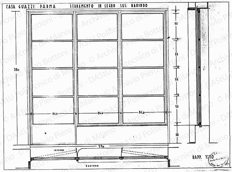 Casa Guazzi, Parma, serramento in legno sul bauindo, scala 1:10, s.d. China su lucido, cm36,0x49,0. 