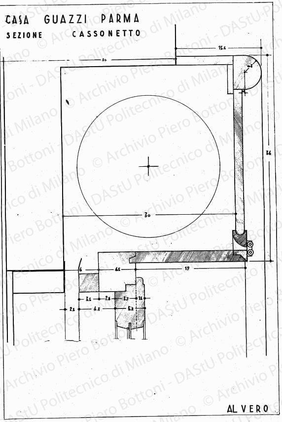 Casa Guazzi, Parma, sezione cassonetto, scala 1:1, s.d. China su lucido, cm 73,7x50,3. 