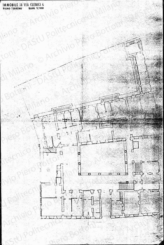 Immobile in via Clerici 4, pianta piano terreno, scala 1:100, s.d. Eliografia su carta, cm 72,5x47,2.