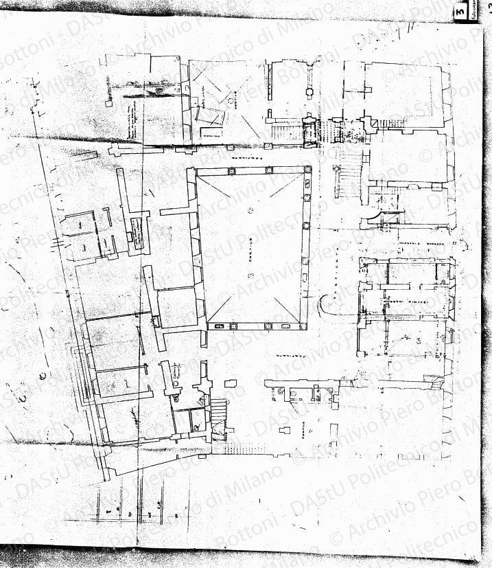 Rilievo e studio di sistemazione su: Pianta piano terreno, scala 1:50, s.d. Matita, matita rossa e inchiostro seppia su eliografia su carta, cm 119,8x94,3. 