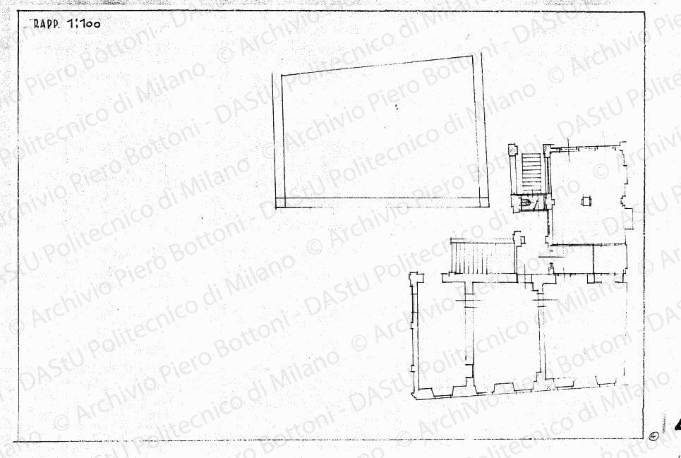 Parte di pianta del piano terreno, scala 1:100, s.d. Matita su lucido, cm 29,3x44,4. 