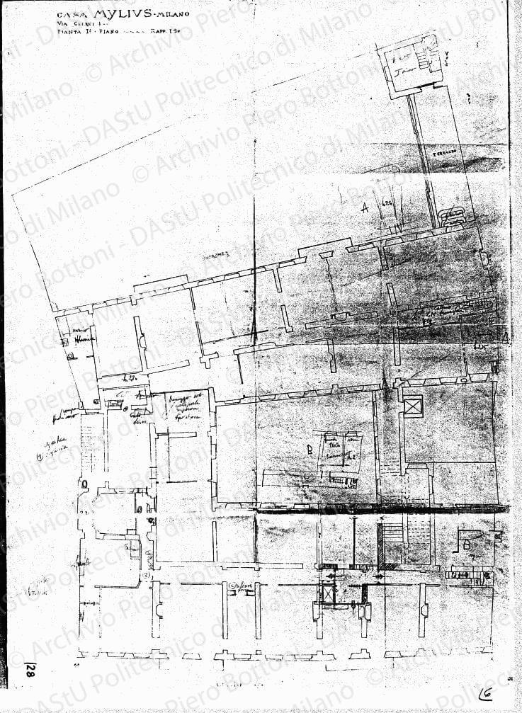 Rilievo e studio di sistemazione su: Casa Mylius, Milano, pianta I piano, scala 1:50, s.d. Matita, matite colorate su eliografia su carta, cm 119,1x87,2. 