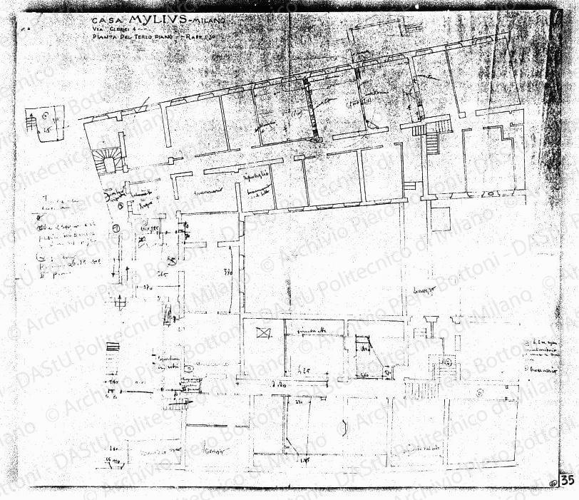 Rilievo e studio di sistemazione su: Casa Mylius, Milano, pianta del terzo piano, scala 1:50, s.d. Matita su eliografia su carta, cm 81,2x92,3.