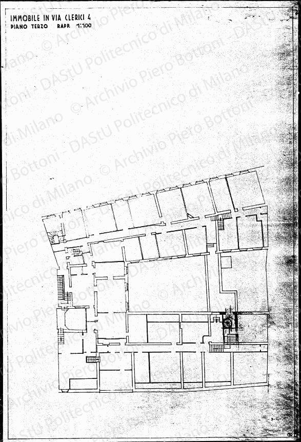 Studio d'inserimento scala a chiocciola su: Immobile in via Clerici 4, pianta piano terzo, scala 1:100, 3 dicembre 1935. Matita su eliografia su carta, cm 74,0x49,4. 