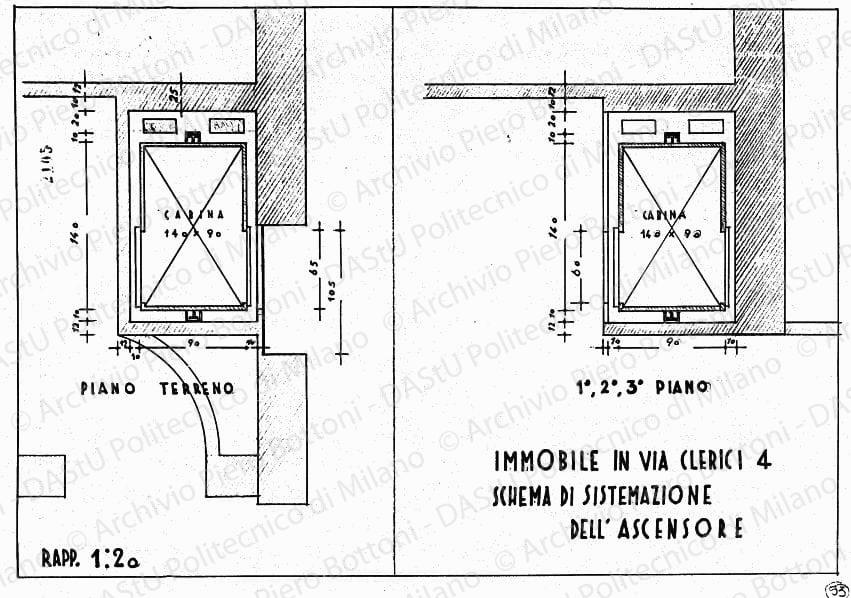 Immobile in via Clerici 4, schemi di sistemazione dell'ascensore, piante piano terreno, 1, 2, 3 piano, scala 1:20, prot. 2105, 1 marzo 1936. China su lucido, cm 25,5x37,4. 