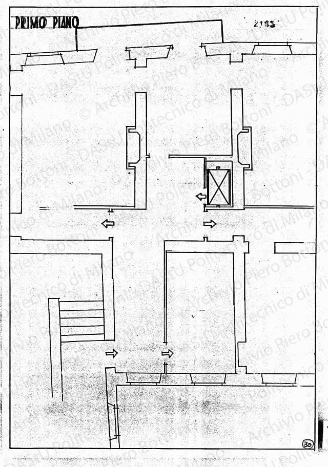 Pianta sistemazione ascensore primo piano, scala 1:50, prot. 2105, s.d. China e matita su lucido, cm 36,6x24,8. 