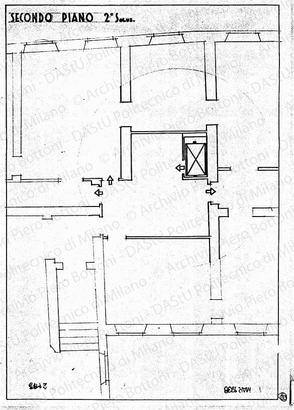 Pianta sistemazione ascensore secondo piano, 2 soluz., scala 1:50, prot. 2105, 1 marzo 1936.China e matita su lucido, cm 36,1x26,2. 