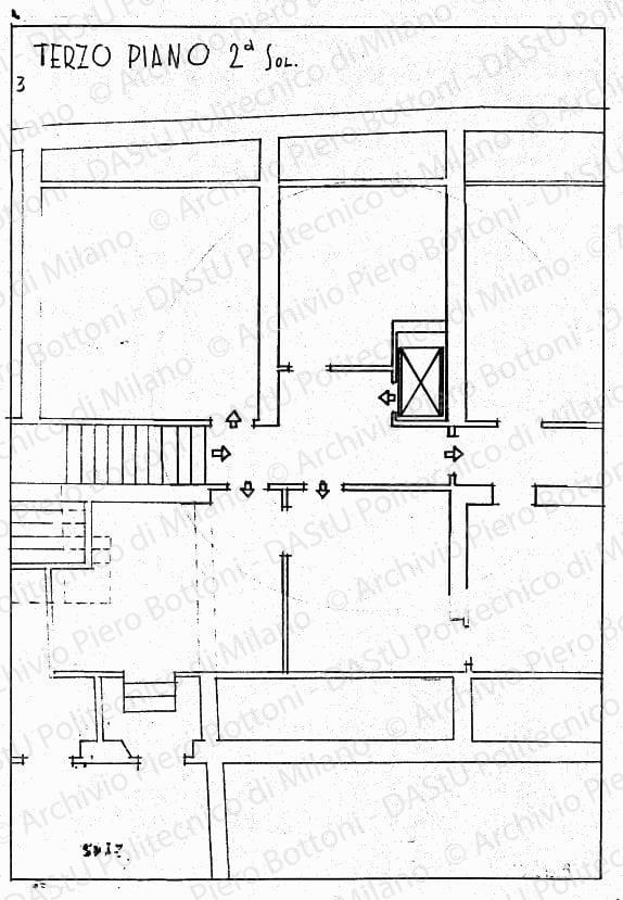Pianta sistemazione ascensore terzo piano, 2 soluz., scala 1:50, prot. 2105, 1 marzo 1936. China e matita su lucido, cm 37,7x25,9. 