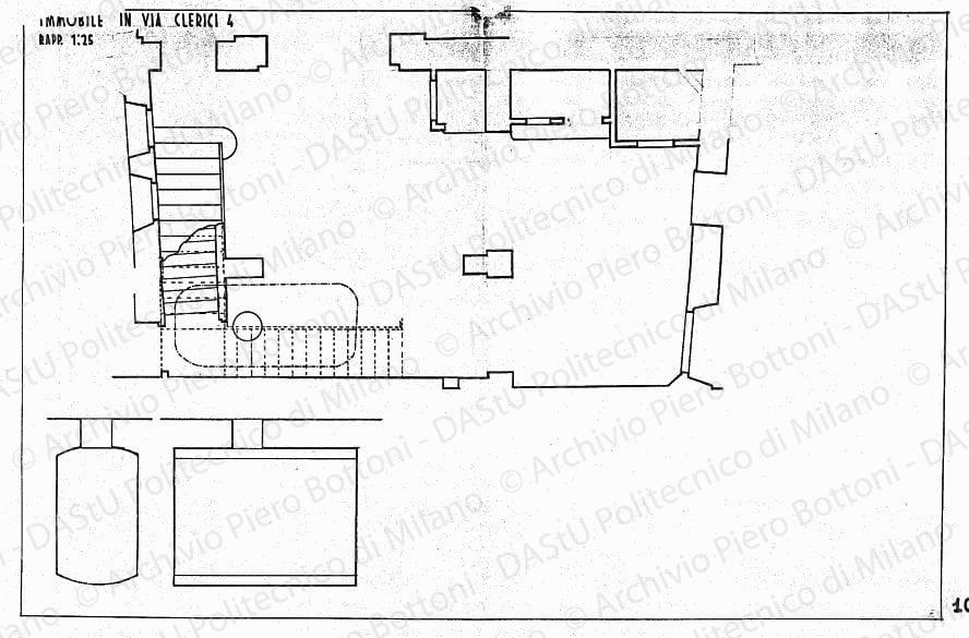 Immobile in via Clerici 4, pianta piano terreno (sistemazione cavedio), scala 1:25, s.d. China e matita su lucido, cm 48,7x75,1. 