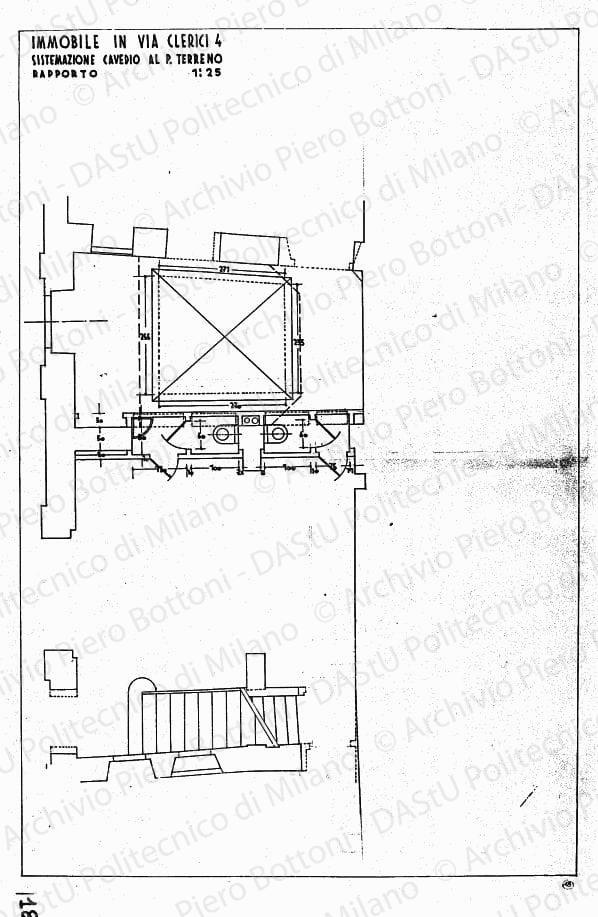 Immobile in via Clerici 4, sistemazione cavedio al p. terreno, pianta, scala 1:25, s.d. China su lucido, cm 75,0x49,2. 