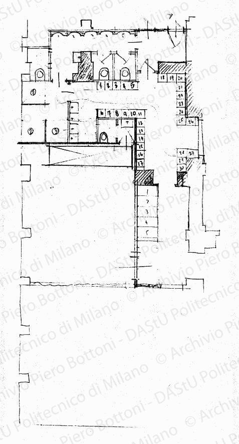 Pianta piano terreno (spogliatoio e servizi), scala 1:100, s.d. Matita su lucido, cm 17,3x37,8. 
