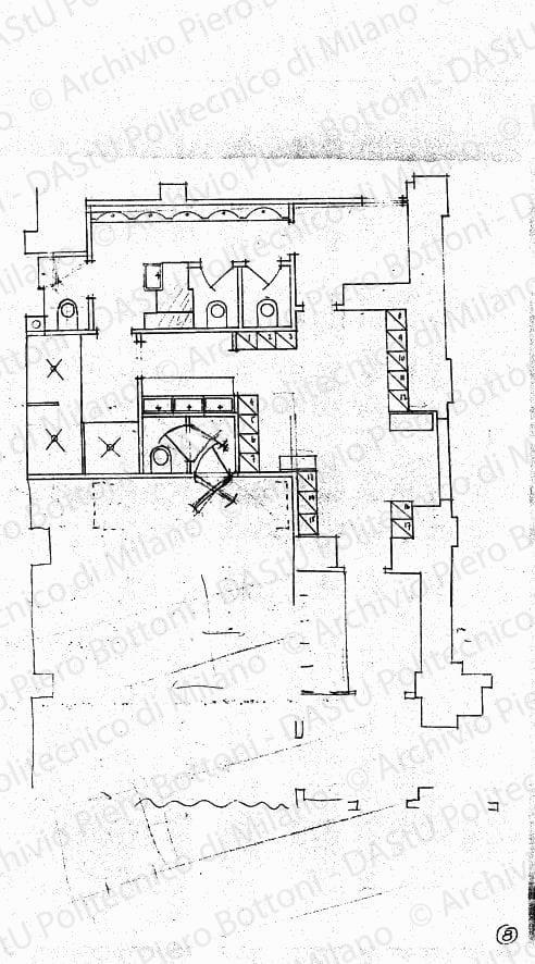 Pianta piano terreno (spogliatoio e servizi), scala 1:100, s.d. Matita su lucido, cm 25,8x19,4. 