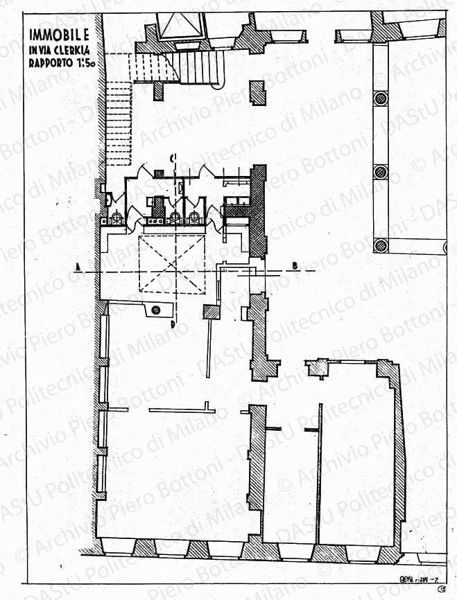 Immobile in via Clerici 4, pianta piano terreno, scala 1:50, 2 marzo 1936. China e matita su lucido, cm 49,3x36,1. 