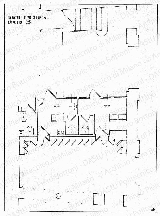 Immobile in via Clerici 4, pianta piano terreno (spogliatoio e servizi), scala 1:25, s.d. Matita su lucido, cm 49,6x36,7. 